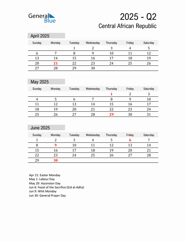 Central African Republic Quarter 2 2025 Calendar with Holidays
