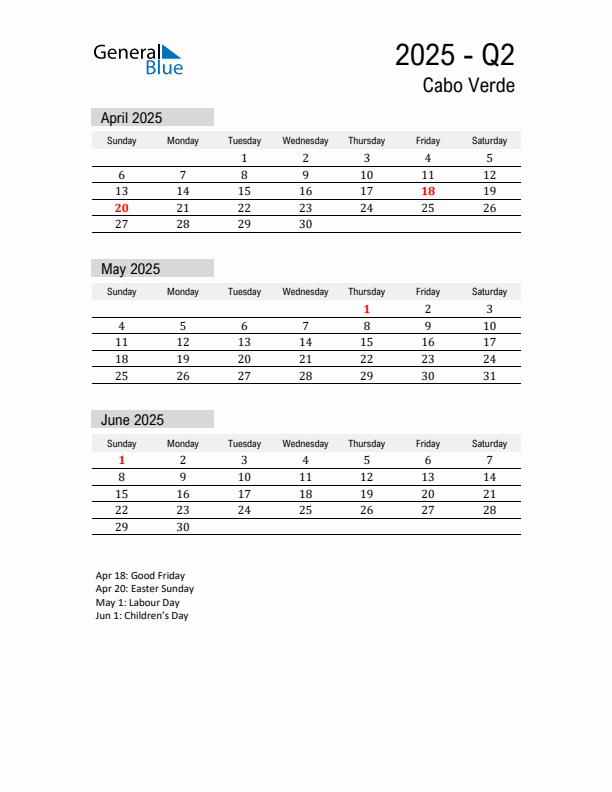 Cabo Verde Quarter 2 2025 Calendar with Holidays