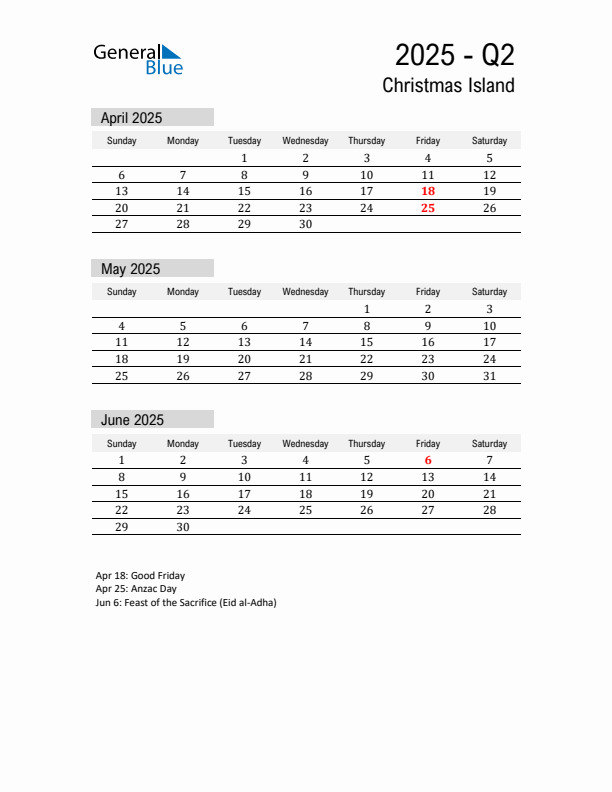 Christmas Island Quarter 2 2025 Calendar with Holidays