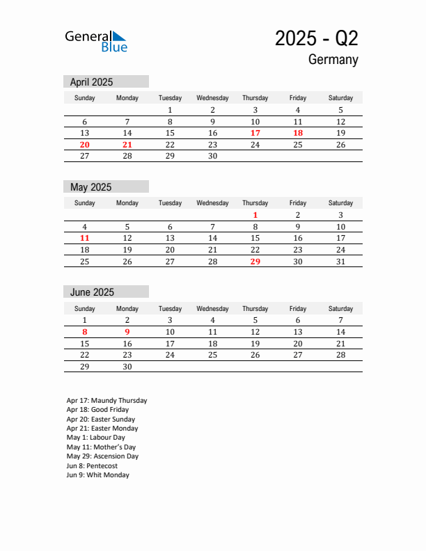 Germany Quarter 2 2025 Calendar with Holidays