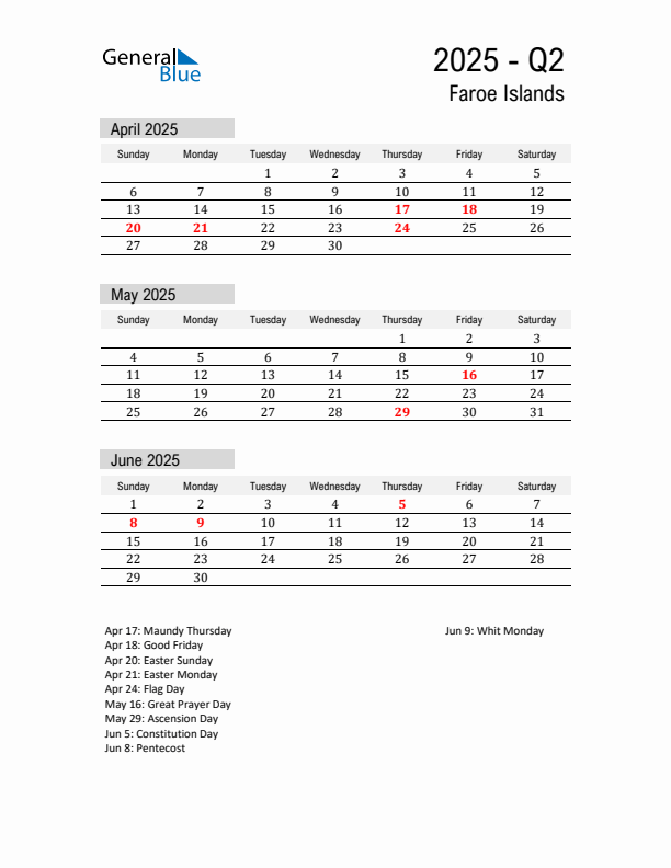 Faroe Islands Quarter 2 2025 Calendar with Holidays