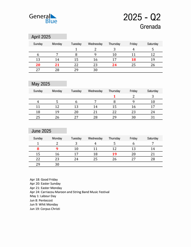 Grenada Quarter 2 2025 Calendar with Holidays