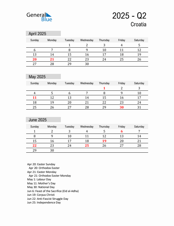 Croatia Quarter 2 2025 Calendar with Holidays