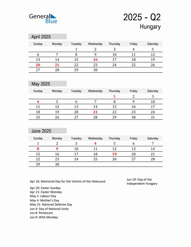 Hungary Quarter 2 2025 Calendar with Holidays