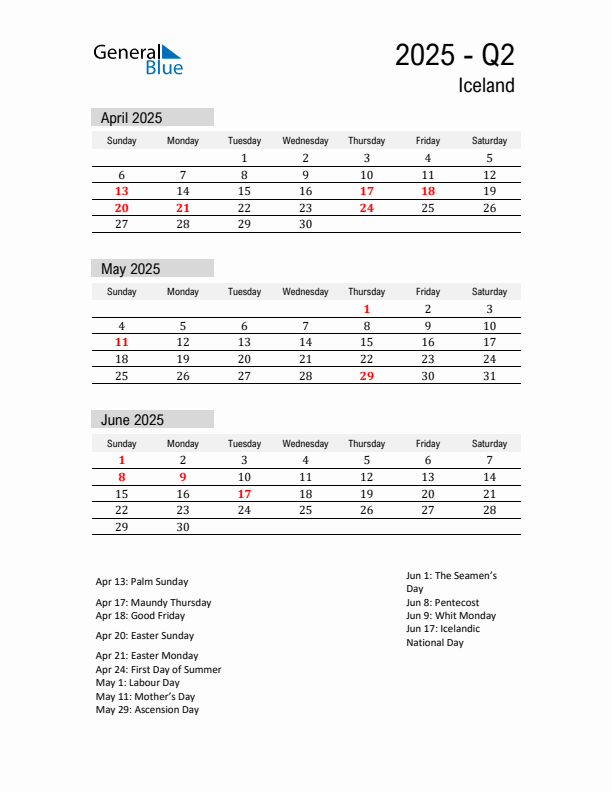 Iceland Quarter 2 2025 Calendar with Holidays