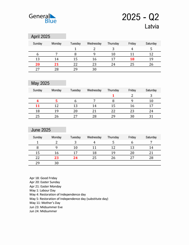 Latvia Quarter 2 2025 Calendar with Holidays