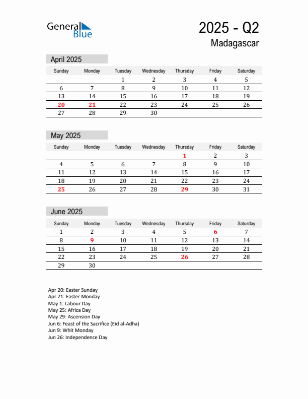 Madagascar Quarter 2 2025 Calendar with Holidays