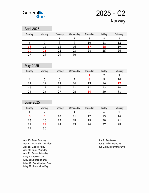 Norway Quarter 2 2025 Calendar with Holidays