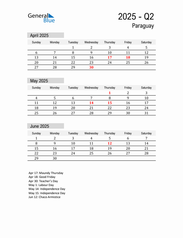 Paraguay Quarter 2 2025 Calendar with Holidays