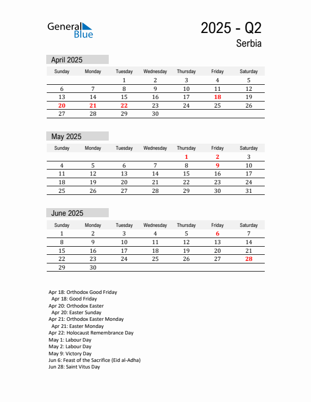 Serbia Quarter 2 2025 Calendar with Holidays