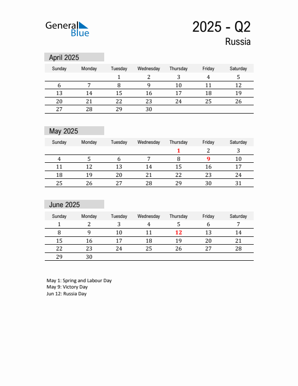 Russia Quarter 2 2025 Calendar with Holidays