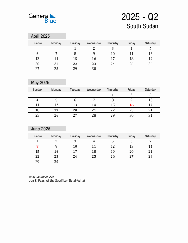 South Sudan Quarter 2 2025 Calendar with Holidays