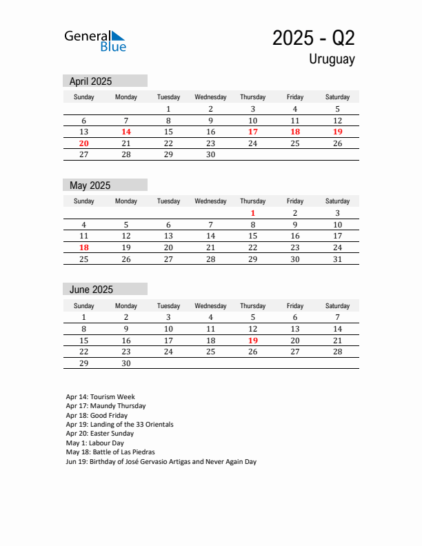 Uruguay Quarter 2 2025 Calendar with Holidays