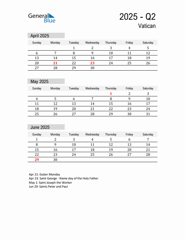 Vatican Quarter 2 2025 Calendar with Holidays