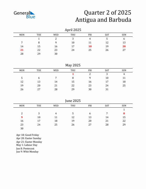 Quarter 2 2025 Antigua and Barbuda Quarterly Calendar