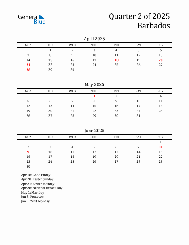 Quarter 2 2025 Barbados Quarterly Calendar