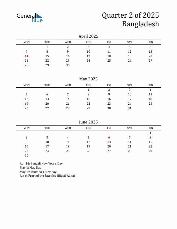 Quarter 2 2025 Bangladesh Quarterly Calendar