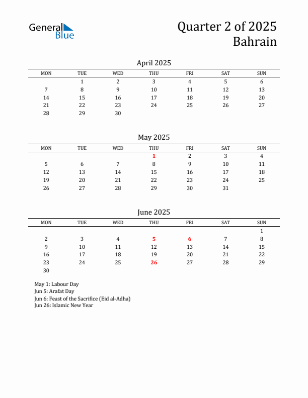 Quarter 2 2025 Bahrain Quarterly Calendar