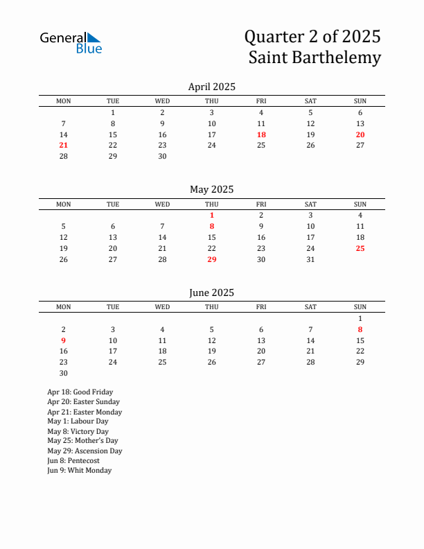 Quarter 2 2025 Saint Barthelemy Quarterly Calendar