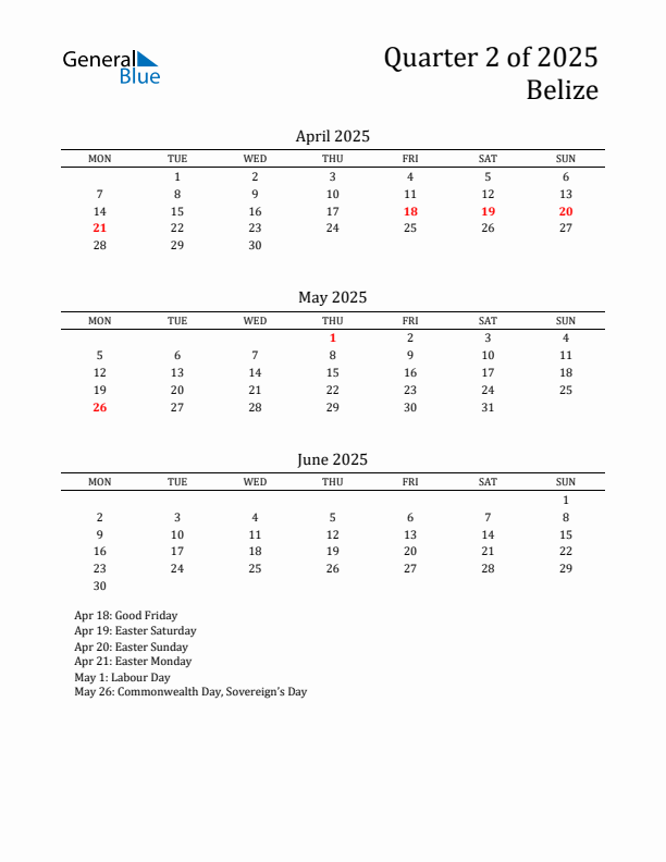 Quarter 2 2025 Belize Quarterly Calendar