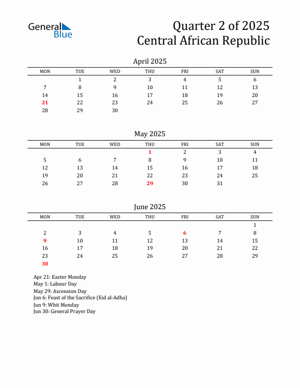 Quarter 2 2025 Central African Republic Quarterly Calendar