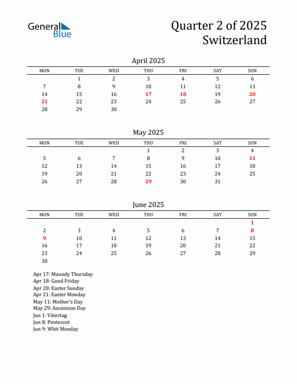 Quarter 2 2025 Switzerland Quarterly Calendar