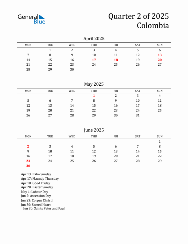 Quarter 2 2025 Colombia Quarterly Calendar