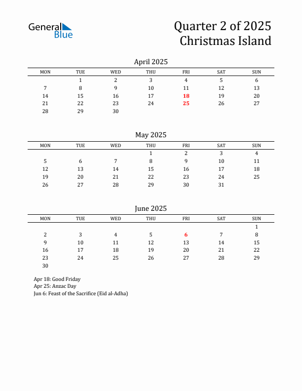 Quarter 2 2025 Christmas Island Quarterly Calendar