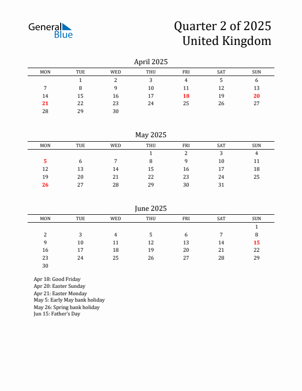 Quarter 2 2025 United Kingdom Quarterly Calendar