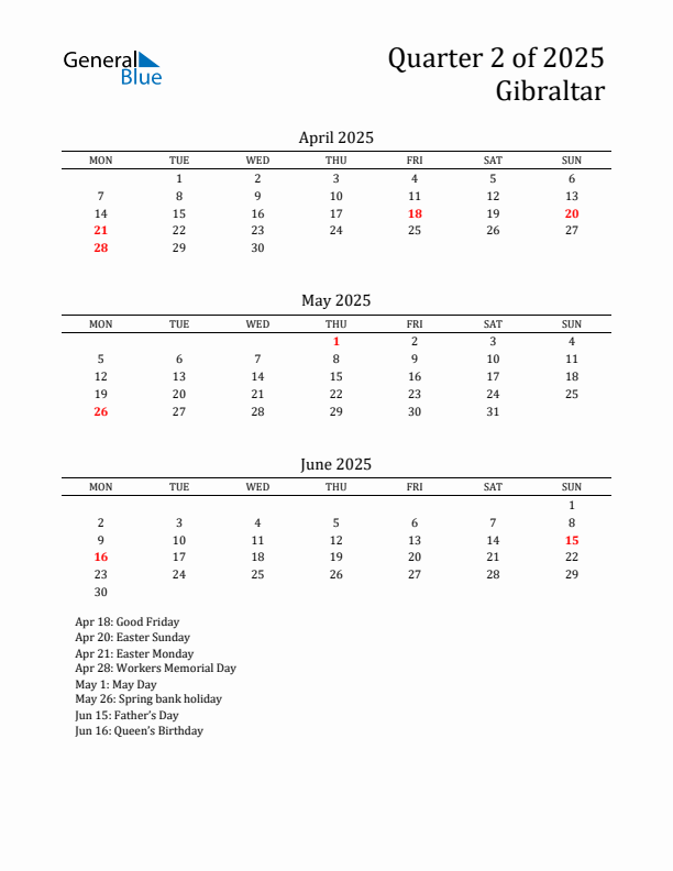 Quarter 2 2025 Gibraltar Quarterly Calendar