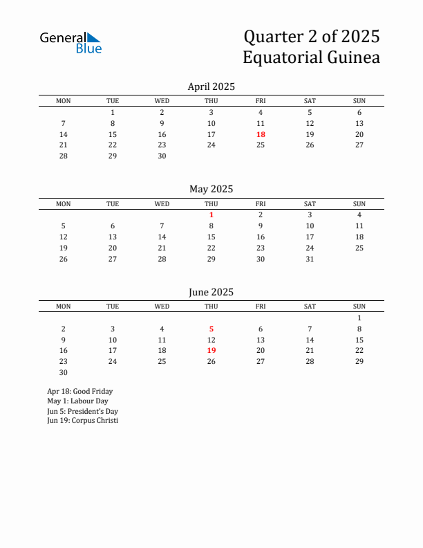 Quarter 2 2025 Equatorial Guinea Quarterly Calendar