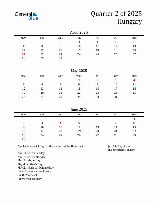 Quarter 2 2025 Hungary Quarterly Calendar