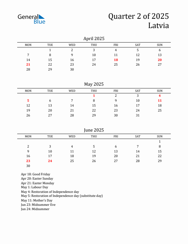 Quarter 2 2025 Latvia Quarterly Calendar