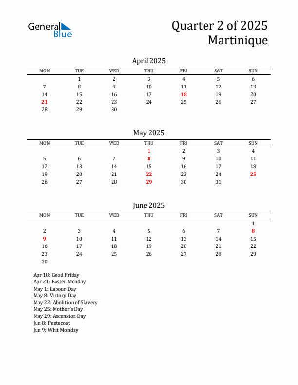 Quarter 2 2025 Martinique Quarterly Calendar