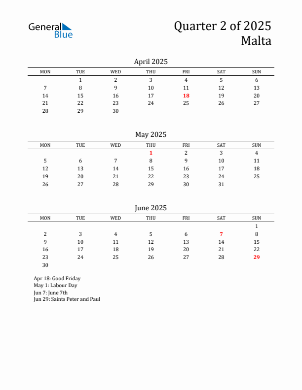 Quarter 2 2025 Malta Quarterly Calendar