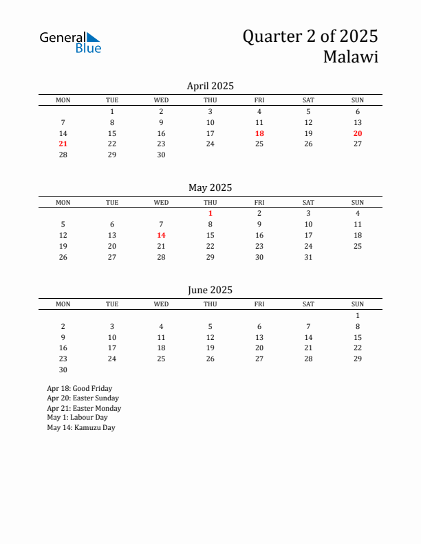 Quarter 2 2025 Malawi Quarterly Calendar