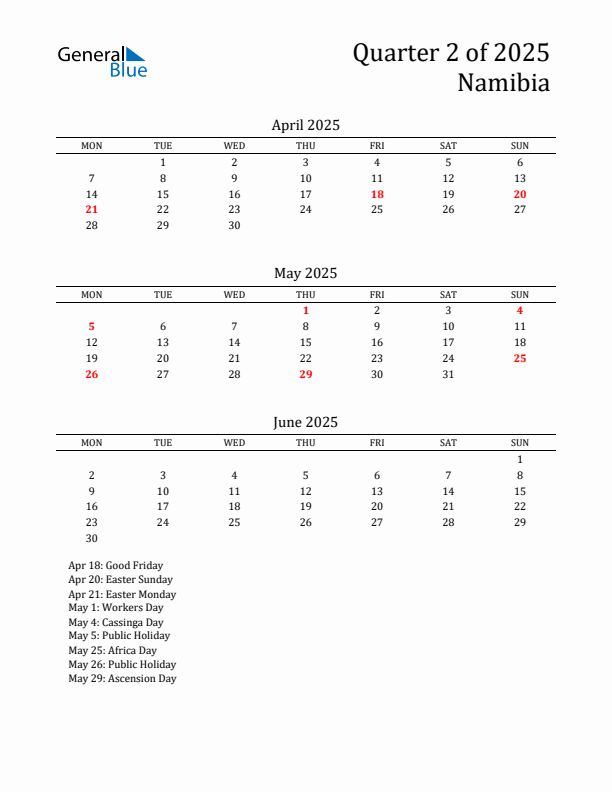 Quarter 2 2025 Namibia Quarterly Calendar