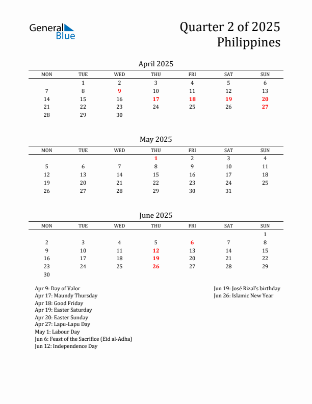 Quarter 2 2025 Philippines Quarterly Calendar