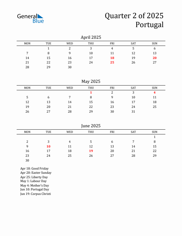 Quarter 2 2025 Portugal Quarterly Calendar