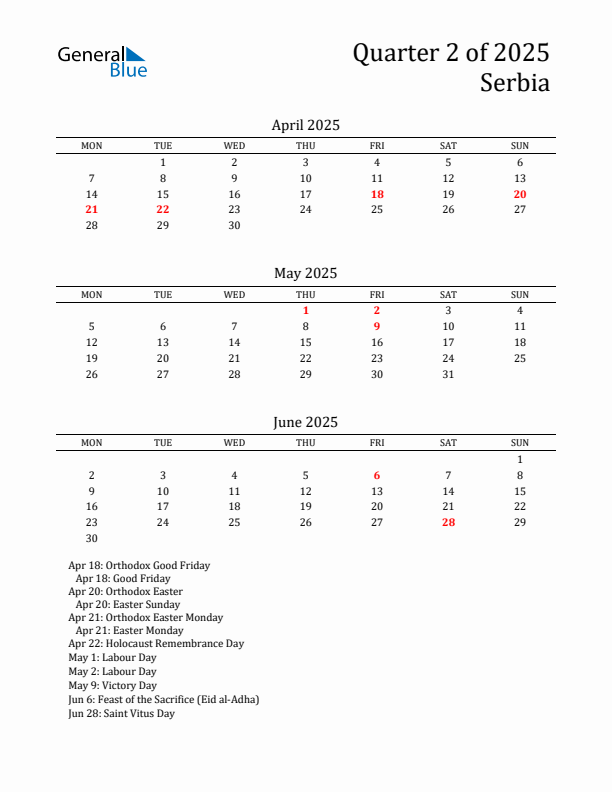 Quarter 2 2025 Serbia Quarterly Calendar