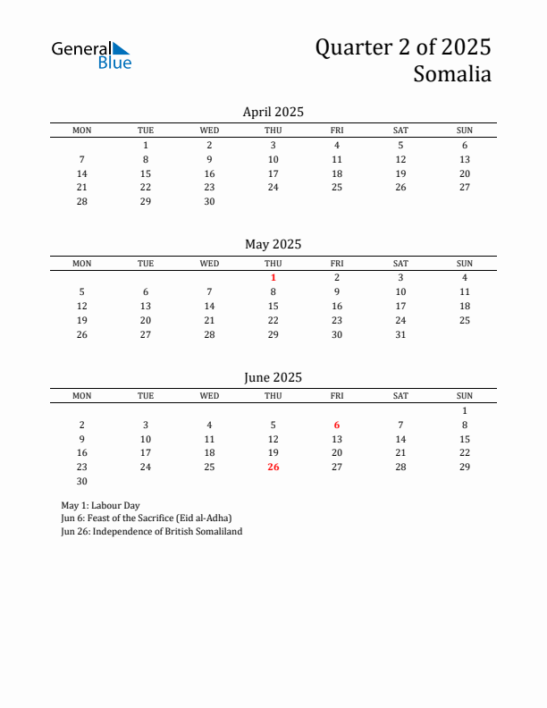 Quarter 2 2025 Somalia Quarterly Calendar