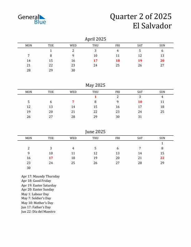 Quarter 2 2025 El Salvador Quarterly Calendar