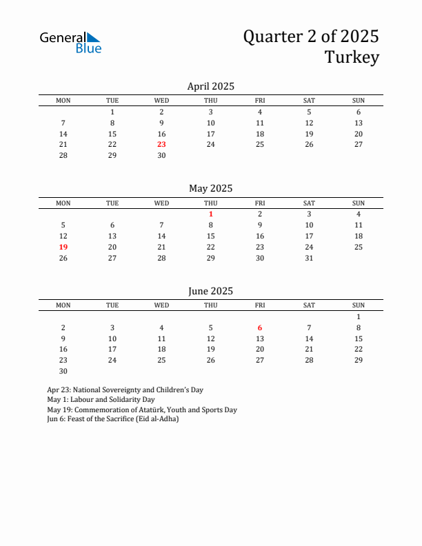 Quarter 2 2025 Turkey Quarterly Calendar