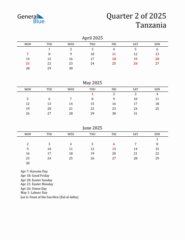 Quarter 2 2025 Tanzania Quarterly Calendar