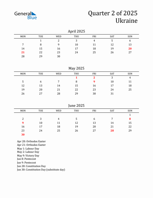 Quarter 2 2025 Ukraine Quarterly Calendar