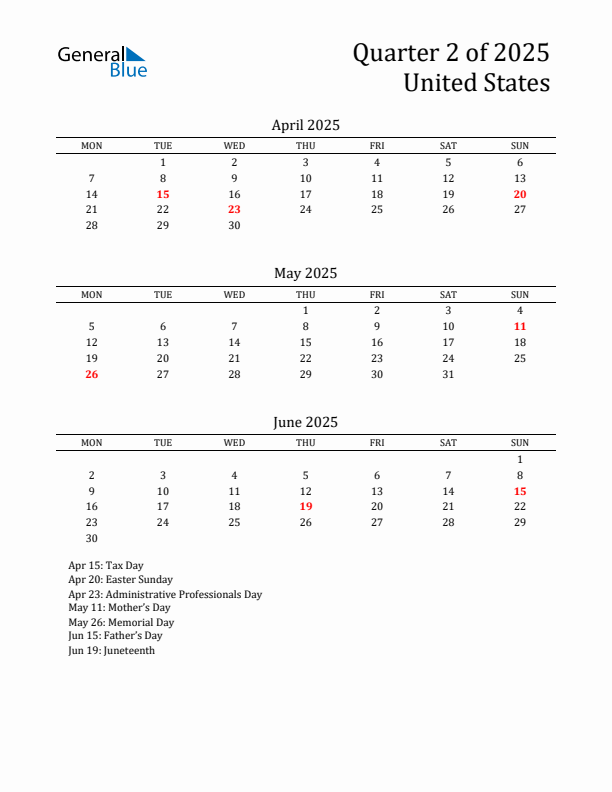 Quarter 2 2025 United States Quarterly Calendar