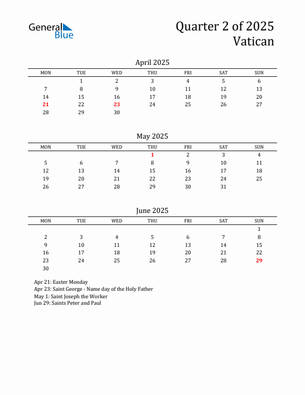 Quarter 2 2025 Vatican Quarterly Calendar