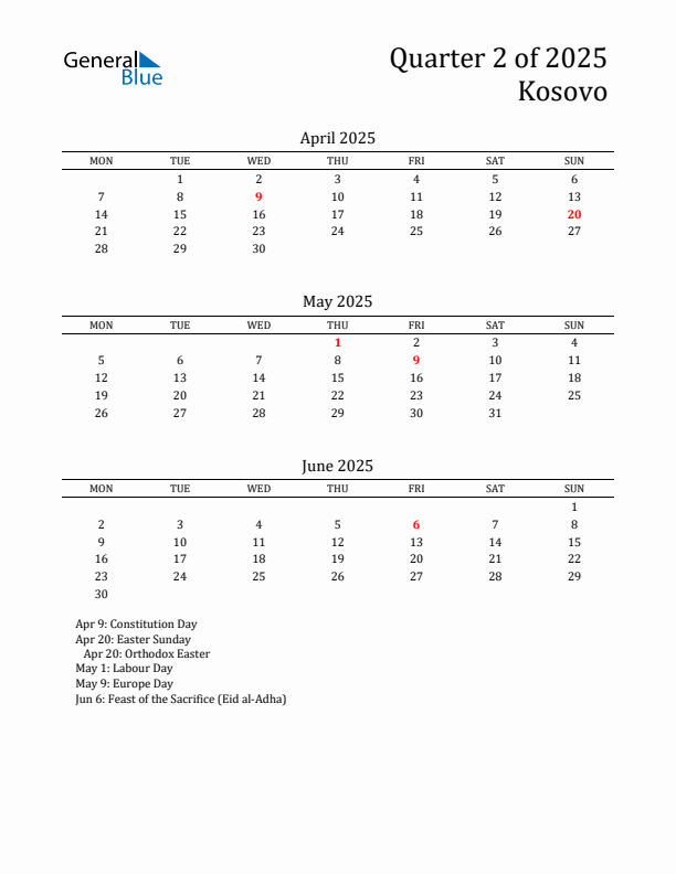 Quarter 2 2025 Kosovo Quarterly Calendar