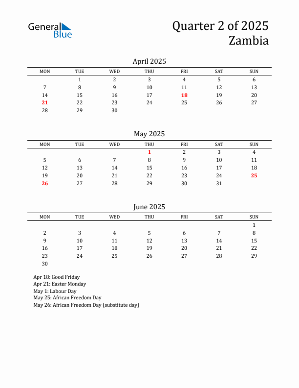 Quarter 2 2025 Zambia Quarterly Calendar