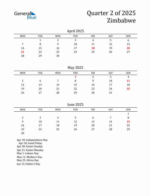 Quarter 2 2025 Zimbabwe Quarterly Calendar